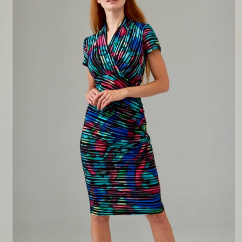 JOSEPH RIBKOFF Multicolor v-neck blurred floral rib texture midi dress Size 10